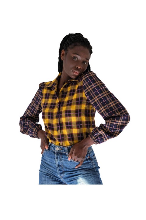 Bluza dama cu maneca lunga laagam, Model carouri, Violet/Galben, Galben/Violet