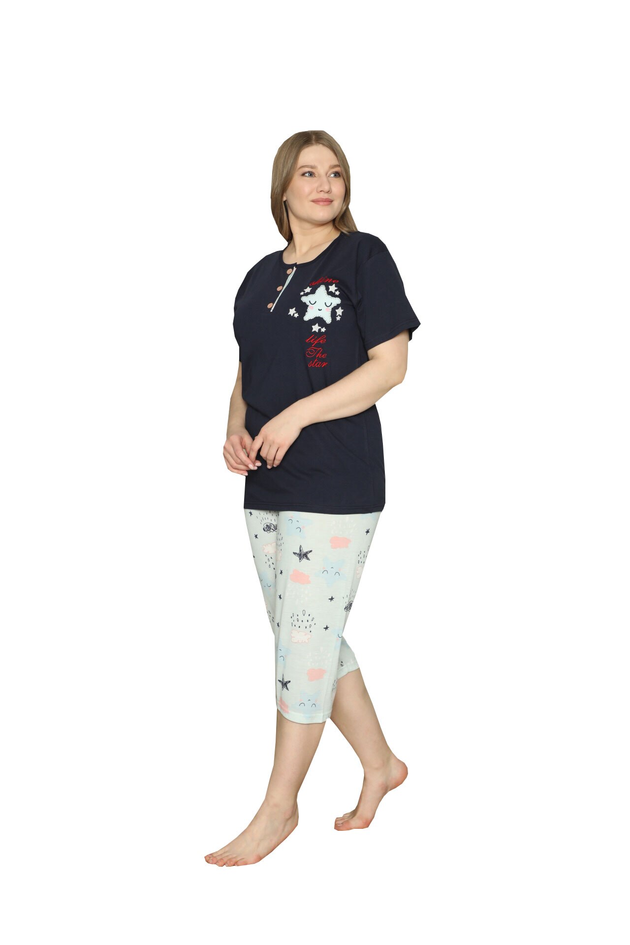 Pijama dama big size Serena, imprimeu stelute, Negru