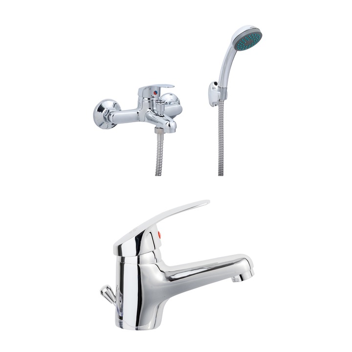 A csomagban 2 db Angel Genesis csaptelep, kád/zuhany, mosogató, króm található