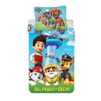 Lenjerie de pat pentru copii Paw Patrol, 135x200/80x80 cm, Bumbac, Multicolor Lenjerie de pat pentru copii Paw Patrol, 135x200/80x80 cm, Bumbac, Multicolor
