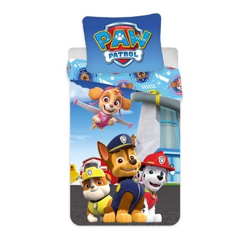 Lenjerie de pat pentru copii Paw Patrol, 135x200 /80x80 cm, Bumbac, Multicolor Lenjerie de pat pentru copii Paw Patrol, 135x200 /80x80 cm, Bumbac, Multicolor