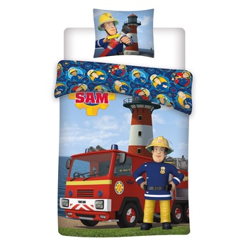 Lenjerie de pat pentru copii Fireman Sam, 100x135/40x60 cm, Bumbac, Multicolor Lenjerie de pat pentru copii Fireman Sam, 100x135/40x60 cm, Bumbac, Multicolor
