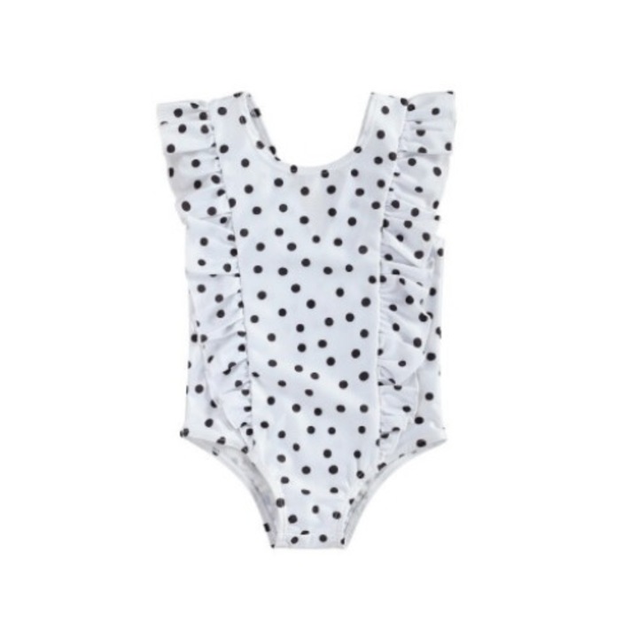 Costum de baie, alb cu bulinute negre, drool