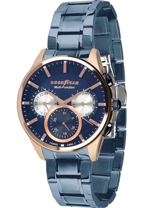 Analóg óra, Goodyear, G.S01218.01.04, kvarc, 5 ATM, 46 mm, kék/rózsa arany