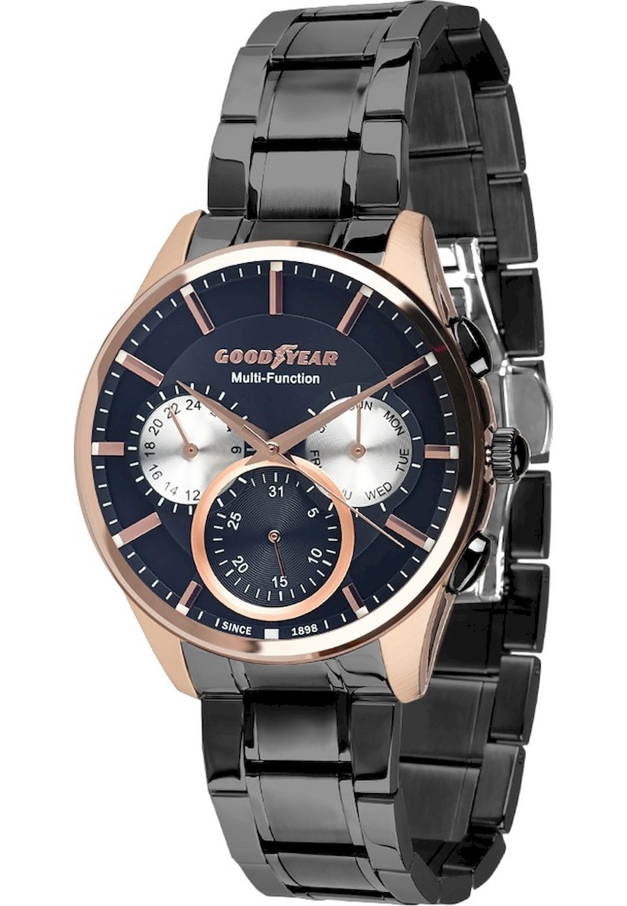 Ceas analogic, Goodyear, G.S01218.01.05, Quartz, 5 ATM, 46 mm, Negru/Auriu rose