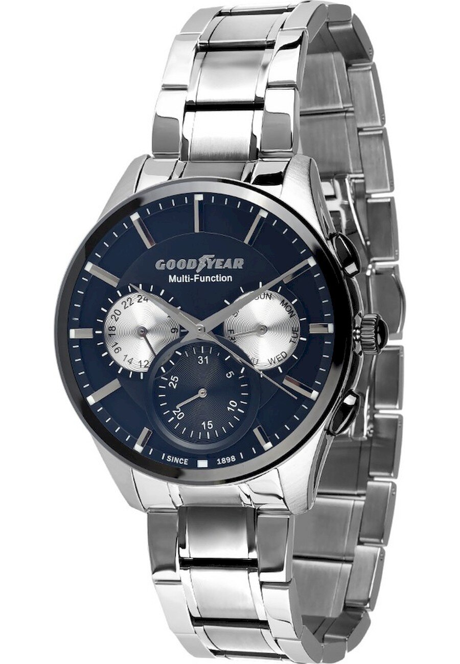 Ceas analogic, Goodyear, G.S01218.01.02, Quartz, 5 ATM, 46 mm, Argintiu/Albastru inchis