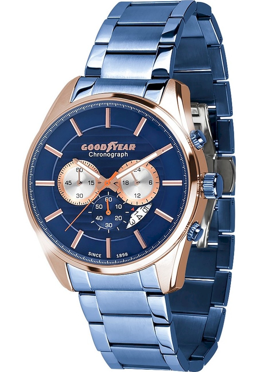 Ceas analogic, Goodyear, G.S01219.01.04, Quartz, Cronograf, 5 ATM, 48 mm, Albastru/Auriu rose