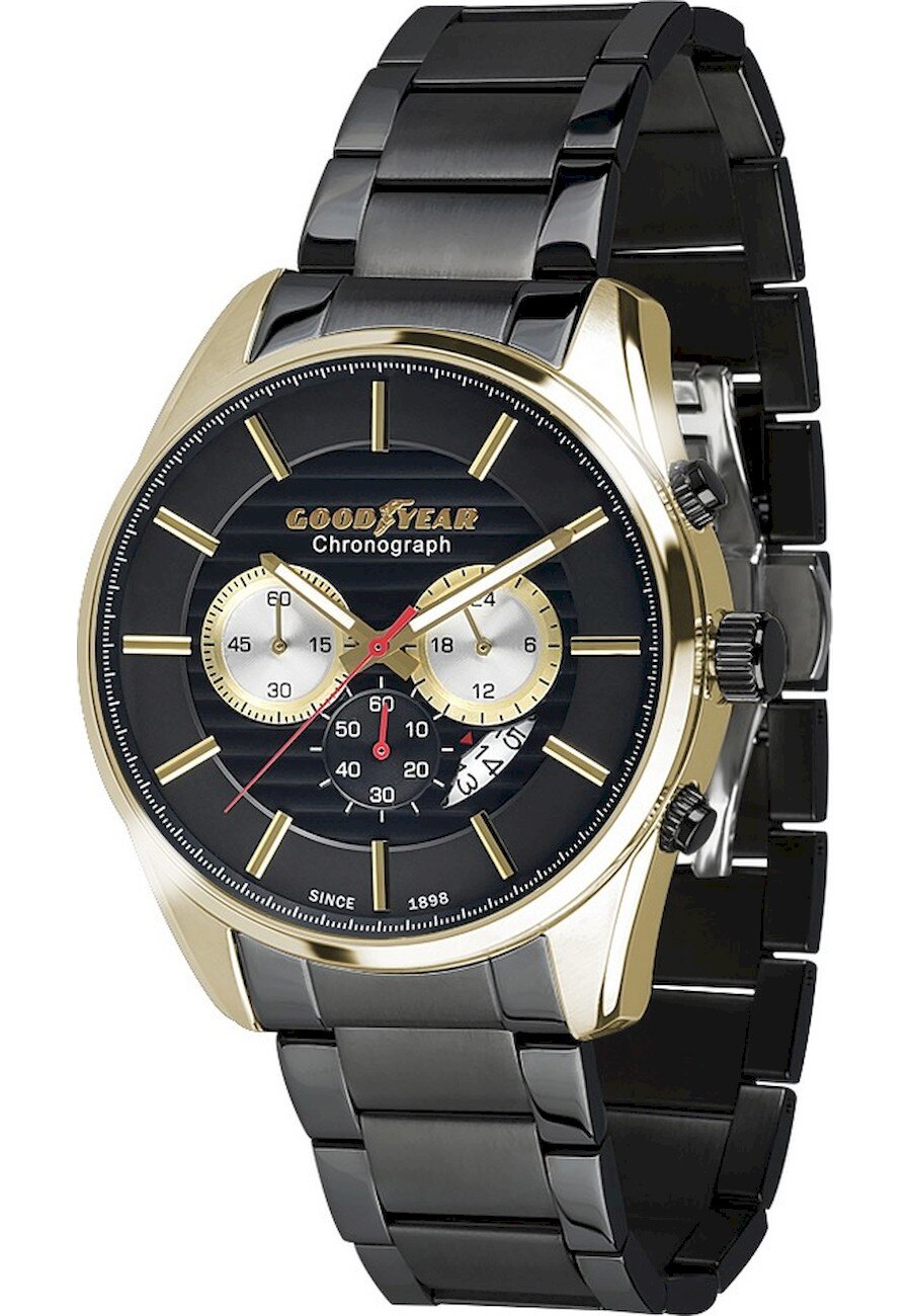 Ceas analogic, Goodyear, G.S01219.01.01, Quartz, Cronograf, 5 ATM, 48 mm, Negru/Auriu