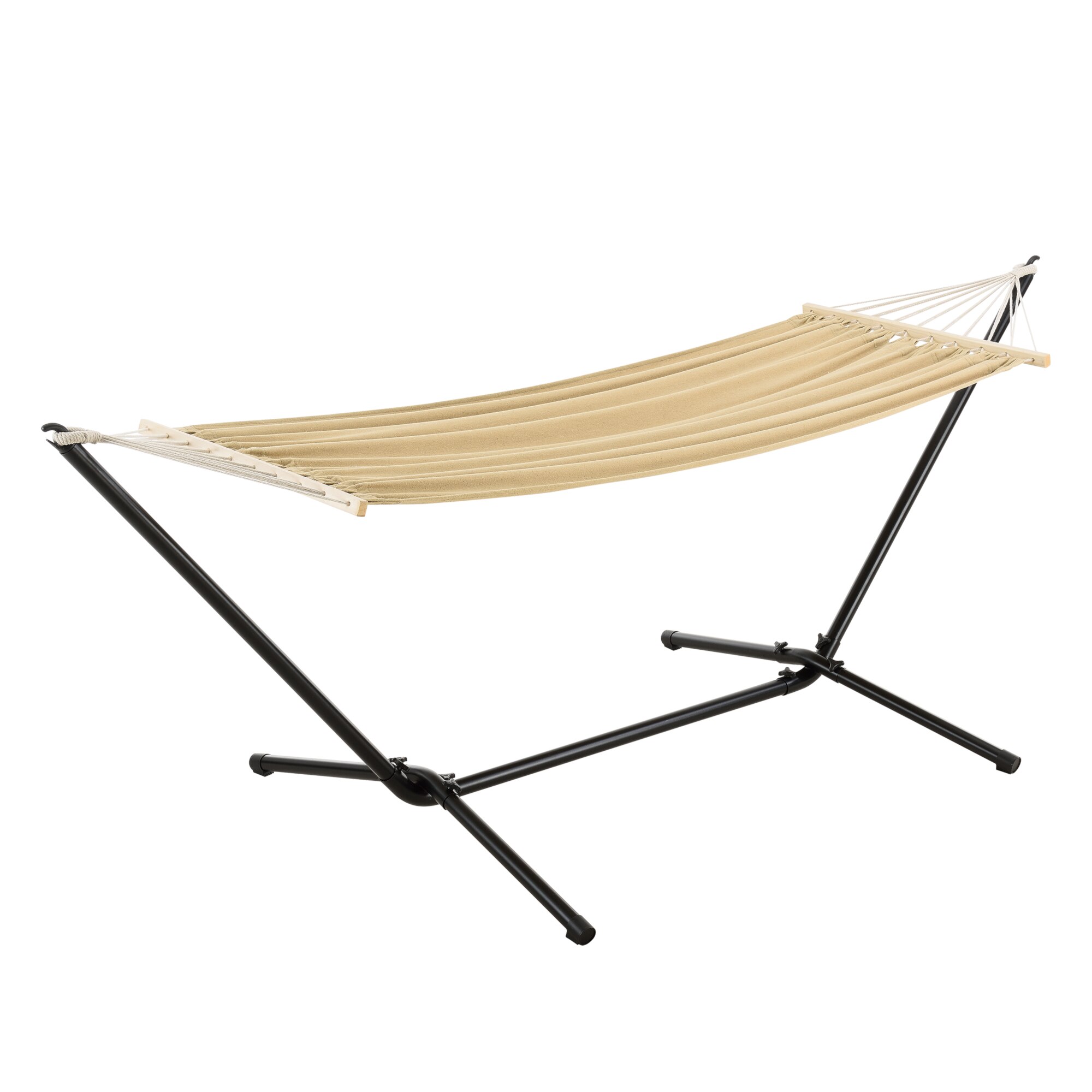 Hamac cu suport Valeta B, en.casa, 300 x 100 x 105 cm, otel/bumbac/poliester, negru/bej, 120 Kg, pentru interior si exterior