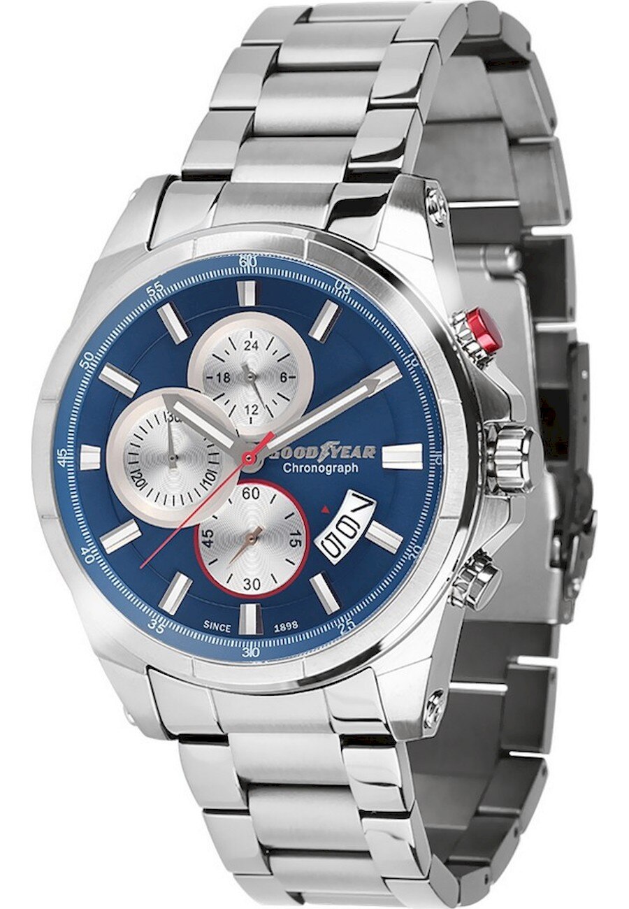 Ceas analogic, Goodyear, G.S01225.02.03, Quartz, Cronograf, 5 ATM, 48 mm, Argintiu/Albastru