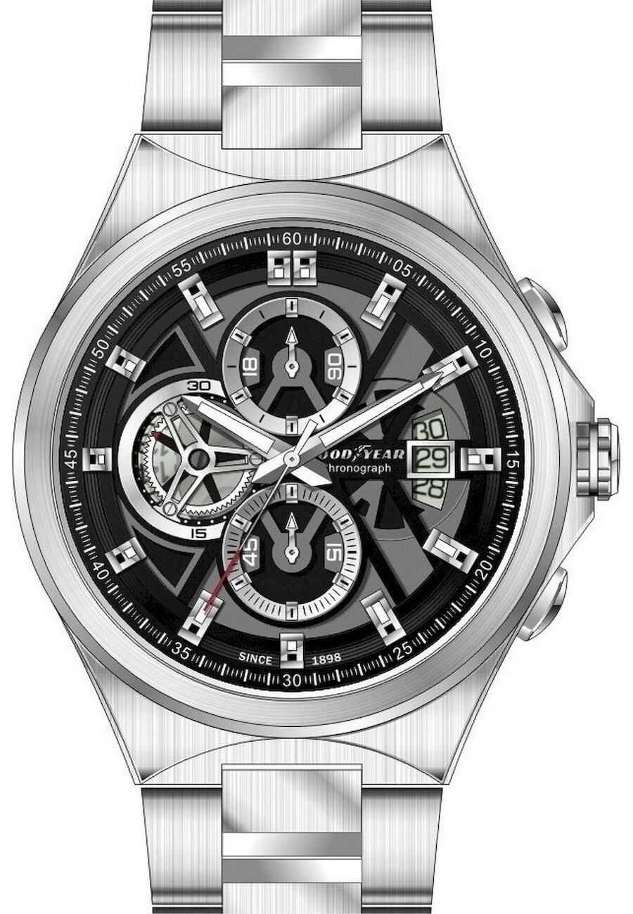 Ceas analogic, Goodyear, G.S01247.02.02, Quartz, Cronograf, 5 ATM, Argintiu/Negru