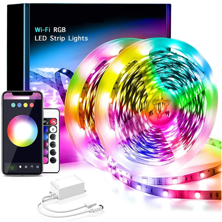 Kit Banda LED EvoSmart™ 5050 RGB, Wi-FI, Exterior IP65, Control Din Telefon Prin Internet, Telecomanda, Lumina Multicolora, 10 metri (2X5M), Schimbare Culori Pe Ritmul Muzicii, Control Vocal, Led Strip