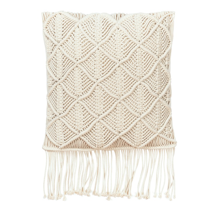 Декоративна калъфка за възглавница Хара макраме, QNODI, текстил, натурален, 45x45 см