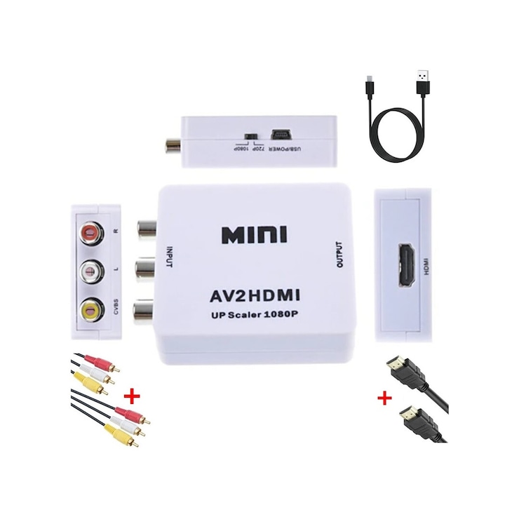 AV към HDMI адаптер, активен, Full HD, 3 x RCA аналогово към цифров hdmi конвертор с видео жак и майчин аудио звук, USB 5V захранващ кабел