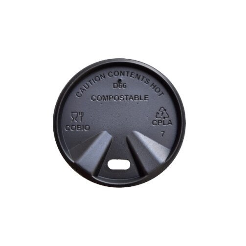 Set 100 capace biodegradabile negre cu deschidere bautura pentru pahare carton 100 ml, Ø 62 mm, CPLA