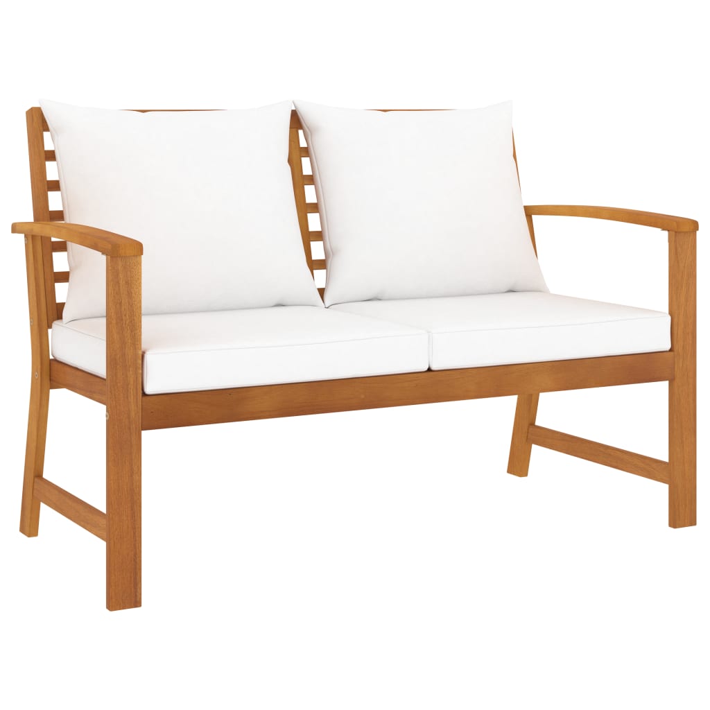 Banca de gradina cu 2 locuri cu perne vidaXL, Lemn de acacia, 120 x 60.5 x 81 cm, Maro/Crem