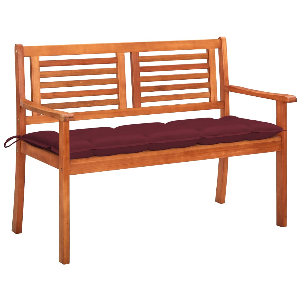 Banca de gradina cu 2 locuri cu perna vidaXL, Lemn masiv de eucalipt, 120 x 60 x 89 cm, Maro/Rosu vin