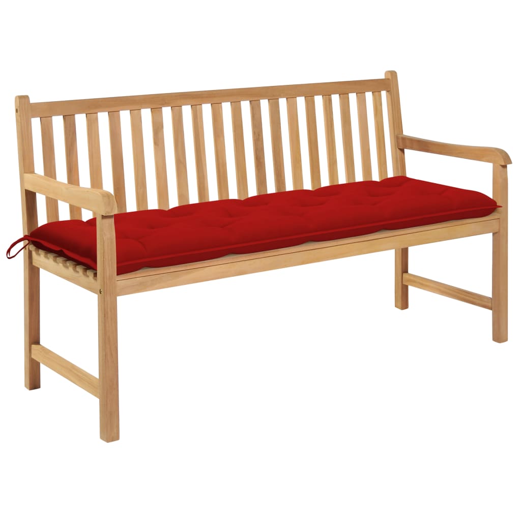 Banca de gradina cu salteluta si cu brate, vidaXL, Lemn de tec-Textil, 150 x 62,5 x 90 cm, 7 cm, Maro-Rosu vin