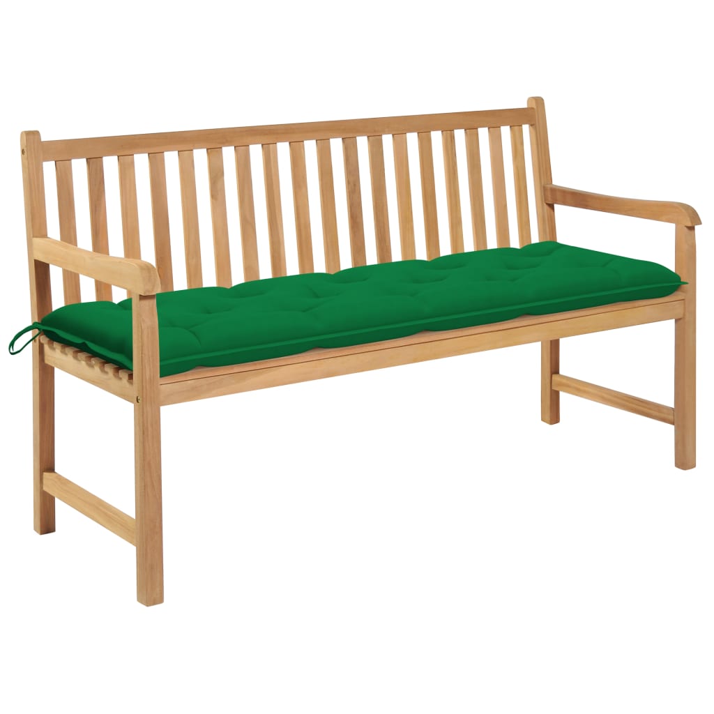 Banca de gradina cu salteluta si cu brate, vidaXL, Lemn de tec-Textil, 150 x 62,5 x 90 cm, 7 cm, Maro-Verde inchis