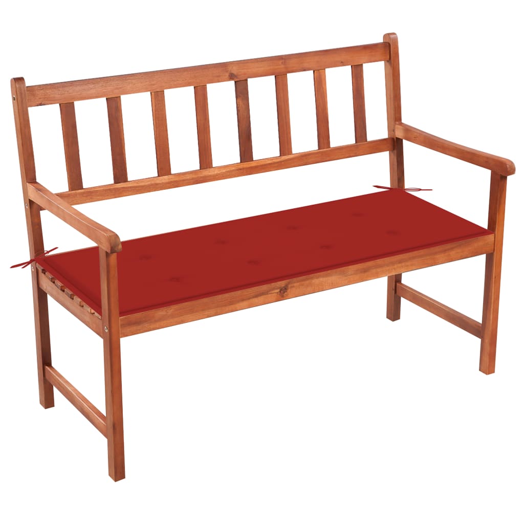 Banca de gradina cu cotiere cu perna vidaXL, Lemn de acacia, 120 x (50 - 58) x 90 cm, perna 4 cm, Maro/Rosu