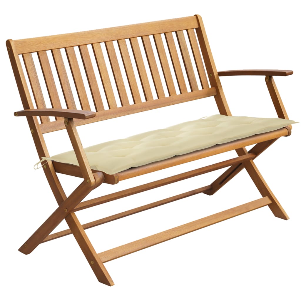 Banca de gradina pliabila cu perna vidaXL, Lemn de acacia, 120 x 60 x 89 cm, perna 7 cm, Maro/Crem