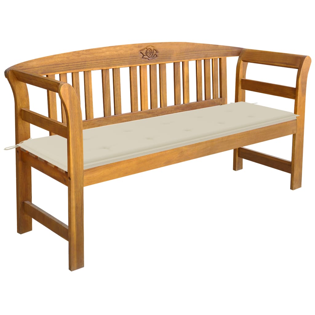 Banca de gradina cu 3 locuri cu perna colorata vidaXL, Lemn de acacia, 157 x 45 x 82.5 cm, Maro/Crem