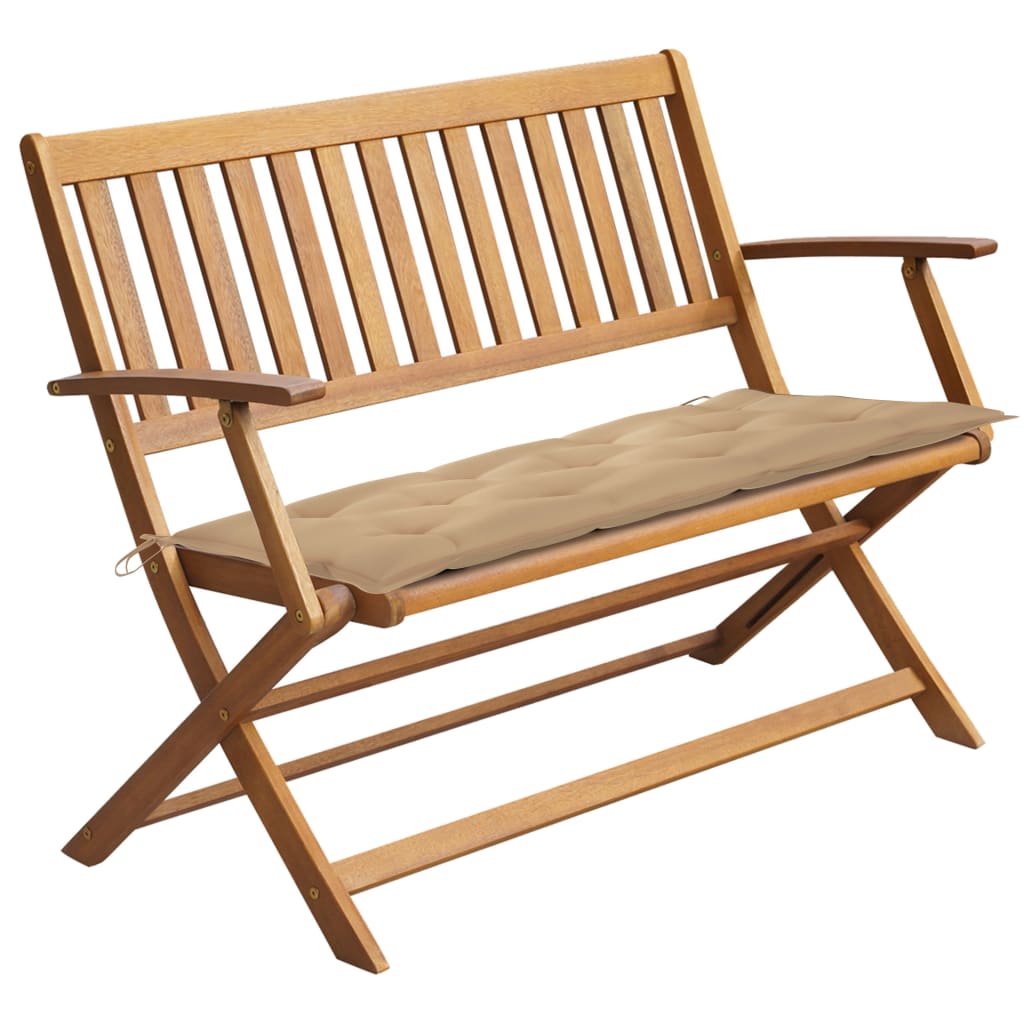 Banca de gradina pliabila cu perna vidaXL, Lemn de acacia, 120 x 60 x 89 cm, perna 7 cm, Maro/Bej