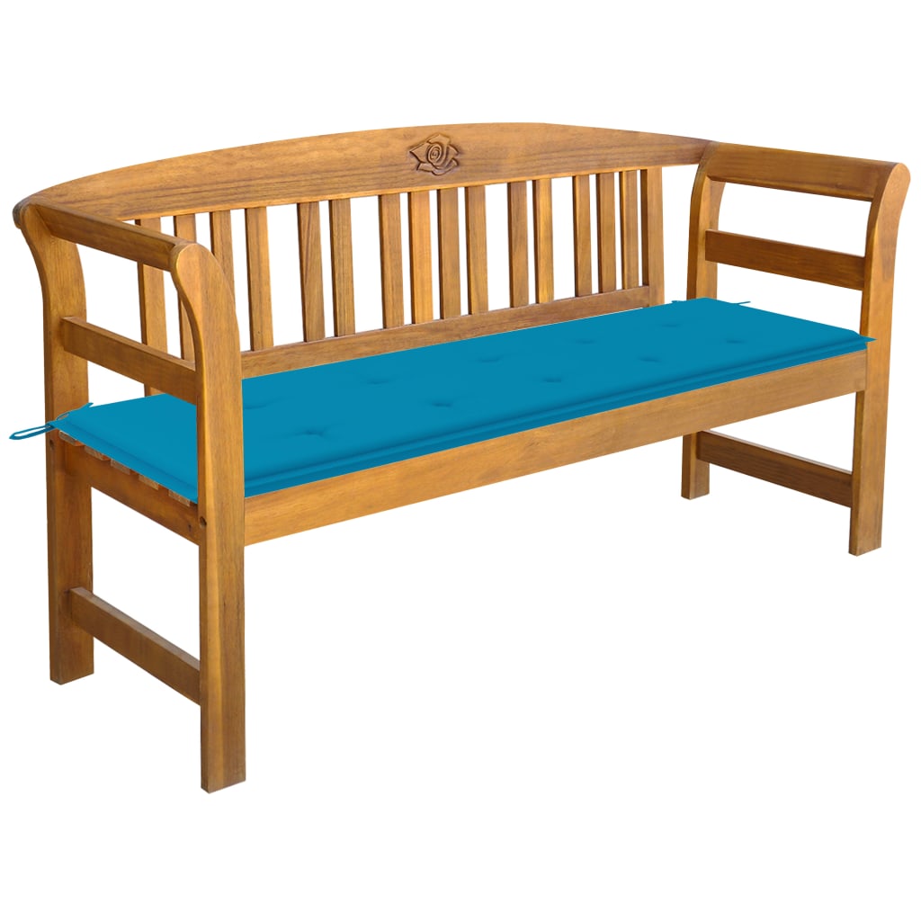 Banca de gradina din lemn masiv cu cotiere curbate cu perna vidaXL, Lemn de acacia, 157 x 45 x 82.5 cm, perna 4 cm, Maro/Albastru deschis