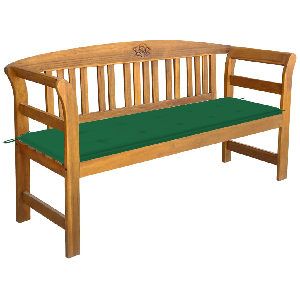Banca de gradina cu 3 locuri cu perna colorata vidaXL, Lemn de acacia, 157 x 45 x 82.5 cm, Maro/Verde