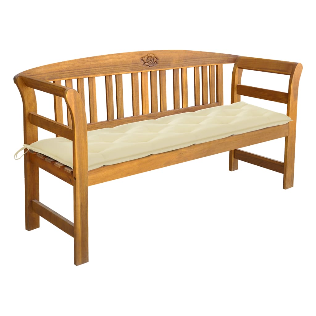 Banca de gradina din lemn masiv cu cotiere curbate cu perna vidaXL, Lemn de acacia, 157 x 45 x 82.5 cm, perna 7 cm, Maro/Crem