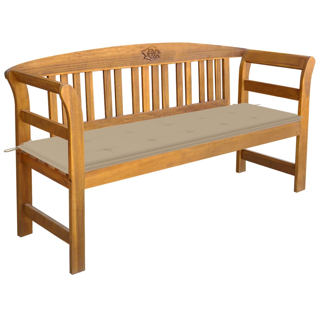 Banca de gradina din lemn masiv cu cotiere curbate cu perna vidaXL, Lemn de acacia, 157 x 45 x 82.5 cm, perna 4 cm, Maro/Bej
