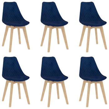 Set de 6 scaune de bucatarie tapitate, vidaXL, Catifea, 49 x 57 x 82 cm, Albastru