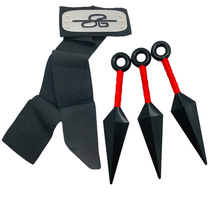 Kit bandana si 3 cutite kunai shinobi 13 cm din plastic, Simbolul Norilor, Naruto, Negru, Shop Like A Pro®