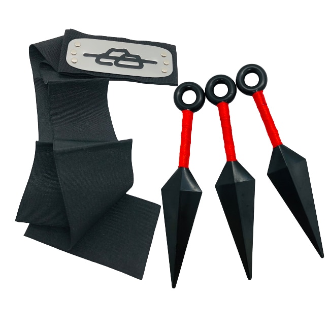 Kit bandana si 3 Cutite Ninja Tip recuzita din plastic, Kunai, Naruto, Simbolul Pietrelor, Negru, Shop Like A Pro®