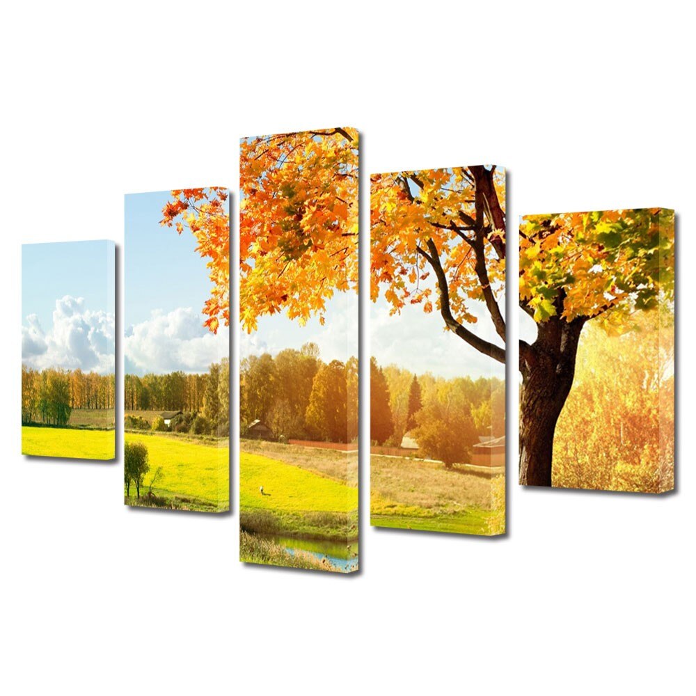 Set Tablouri Multicanvas 5 Piese Peisaje Toamna pe campie, 70 x 125 cm