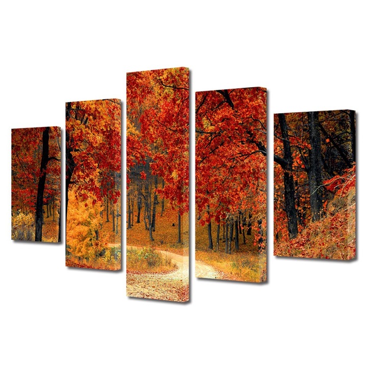 Set Tablouri Multicanvas 5 Piese Peisaje Drum in padure toamna, 70 x 125 cm