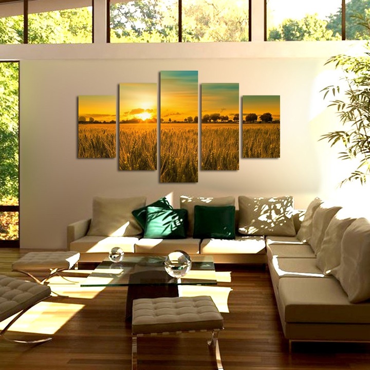 Tablou Multicanvas 5 Piese Peisaje Apus in lanul de grau, 110 x 200 cm