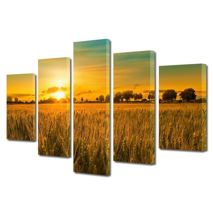 Tablou Multicanvas 5 Piese Peisaje Apus in lanul de grau, 110 x 200 cm