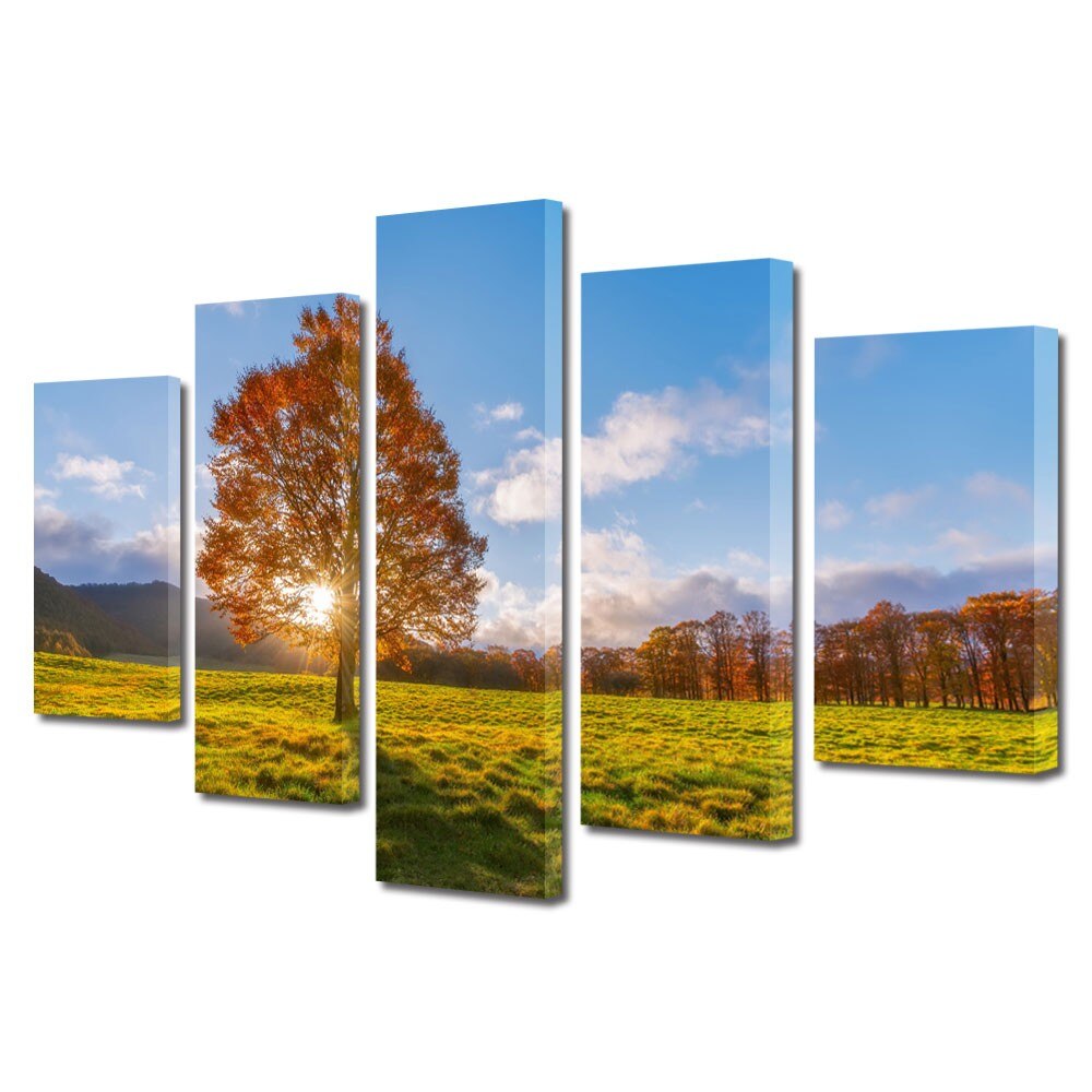 Set Tablouri Multicanvas 5 Piese Peisaje Dupa copac, 70 x 125 cm