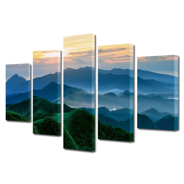 Set Tablouri Multicanvas 5 Piese Peisaje Munti verzi, 70 x 125 cm