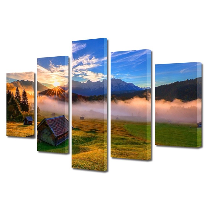 Set Tablouri Multicanvas 5 Piese Peisaje Cabana de lemn, 70 x 125 cm