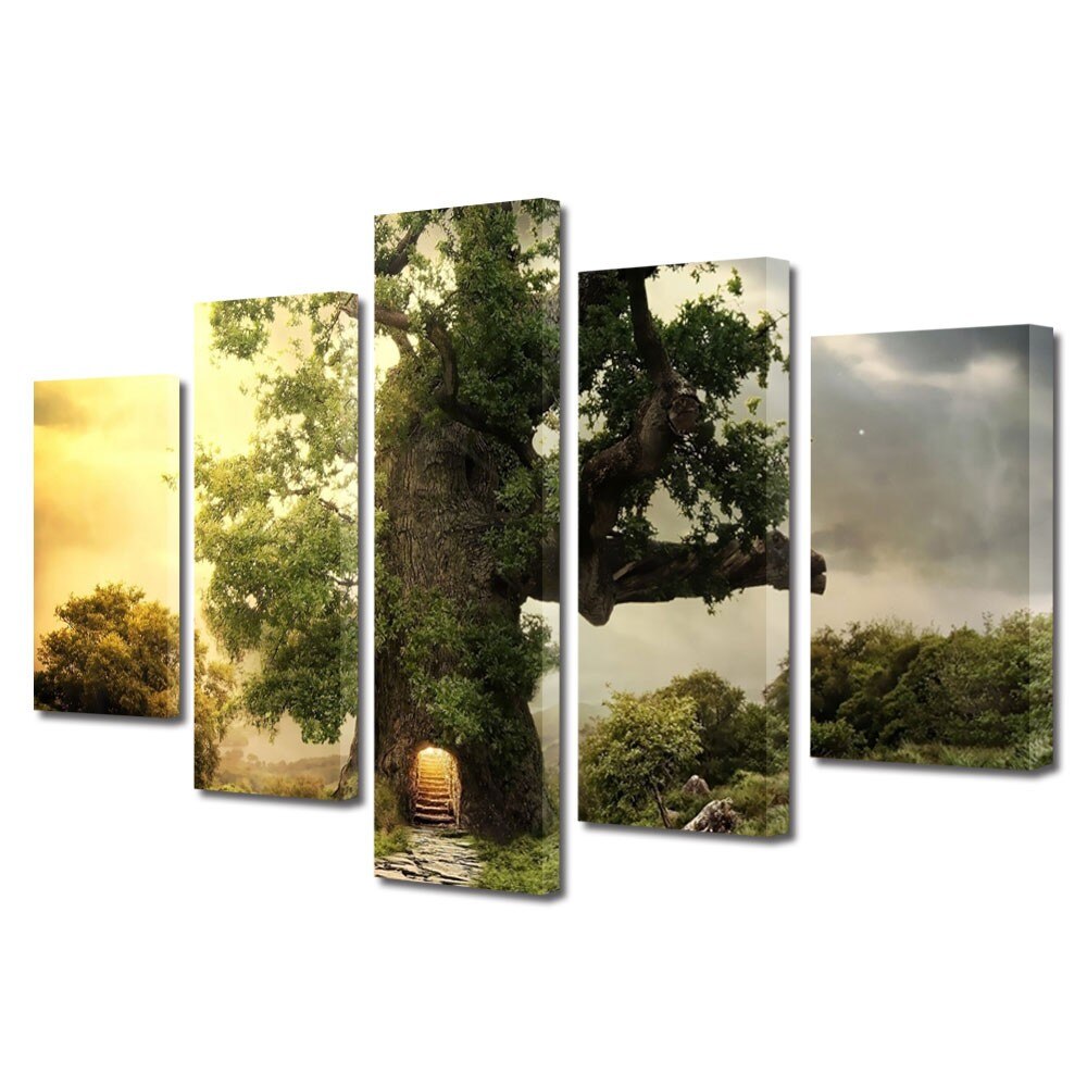 Set Tablouri Multicanvas 5 Piese Peisaje Casa in copac, 70 x 125 cm