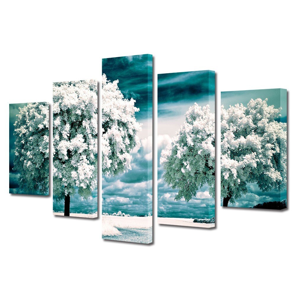 Set Tablouri Multicanvas 5 Piese Peisaje Copaci albi, 70 x 125 cm