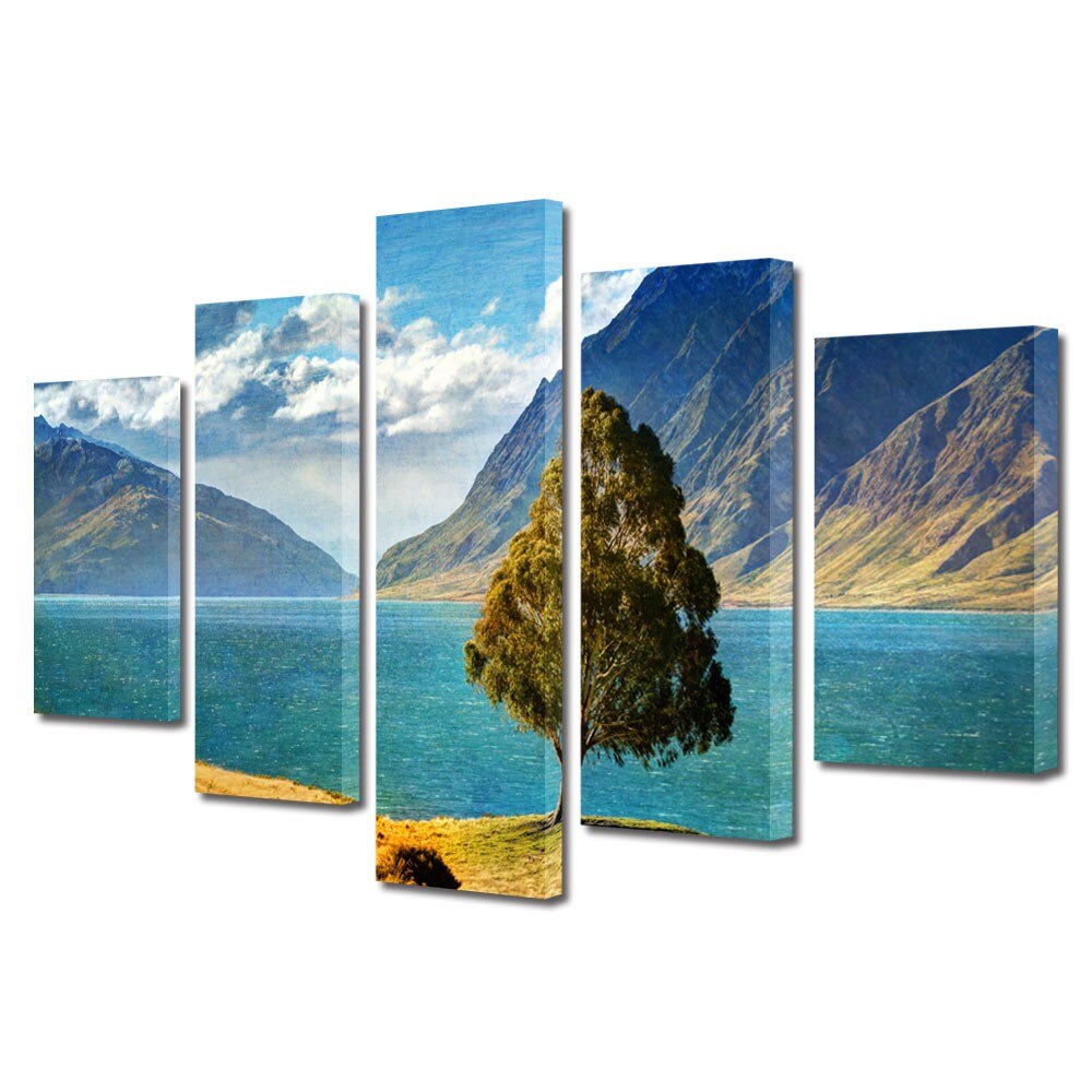 Set Tablouri Multicanvas 5 Piese Peisaje Copacel pe stanca, 70 x 125 cm