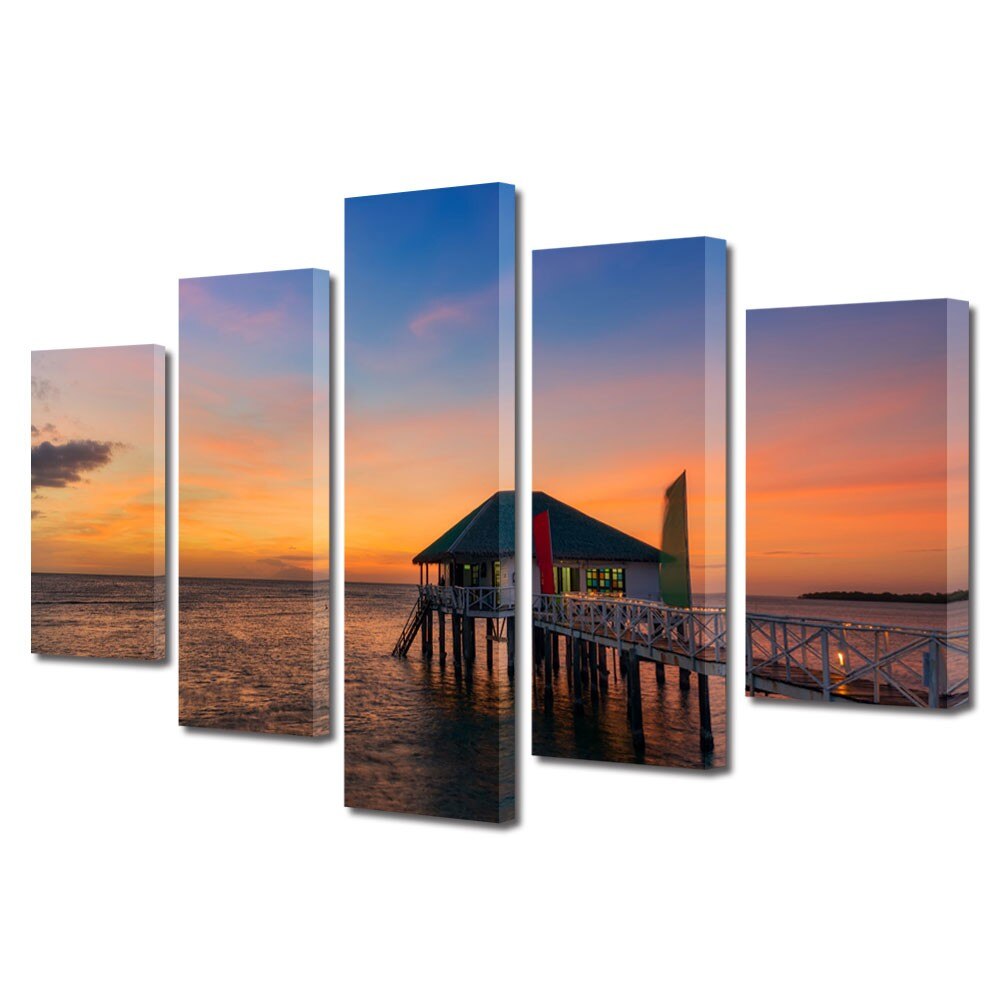 Set Tablouri Multicanvas 5 Piese Peisaje Casa pe ponton, 70 x 125 cm