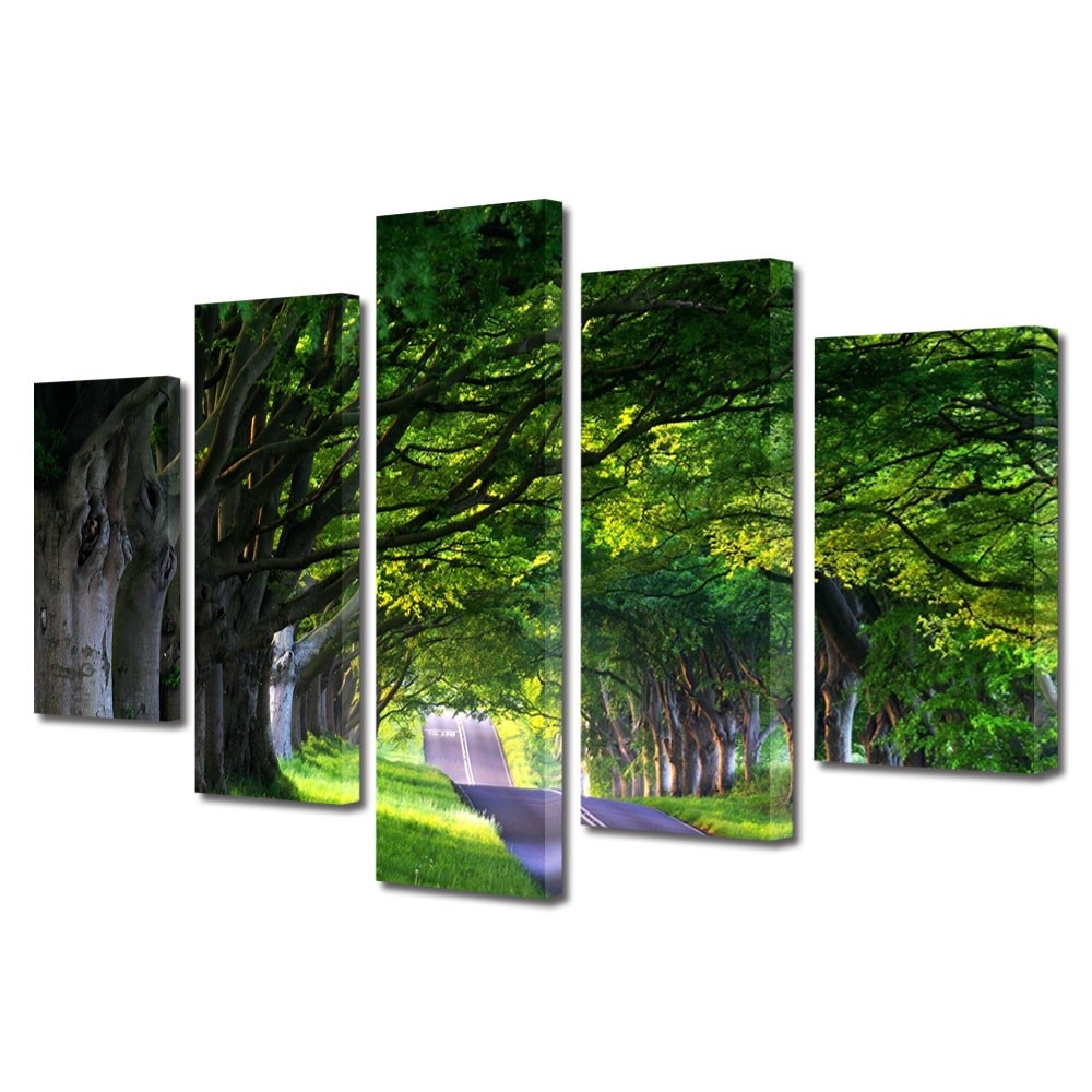 Set Tablouri Multicanvas 5 Piese Peisaje Umbre de copaci batrani, 70 x 125 cm