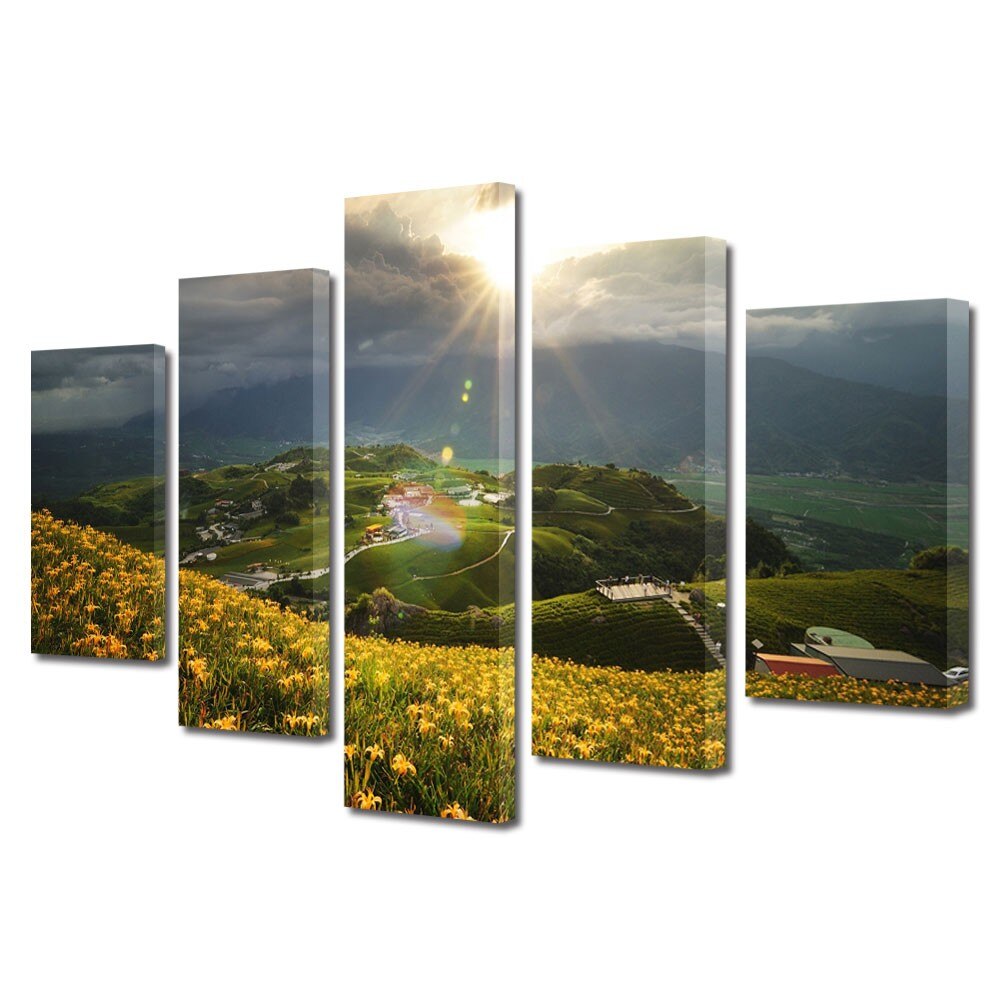 Set Tablouri Multicanvas 5 Piese Peisaje Floricele pe campii, 70 x 125 cm