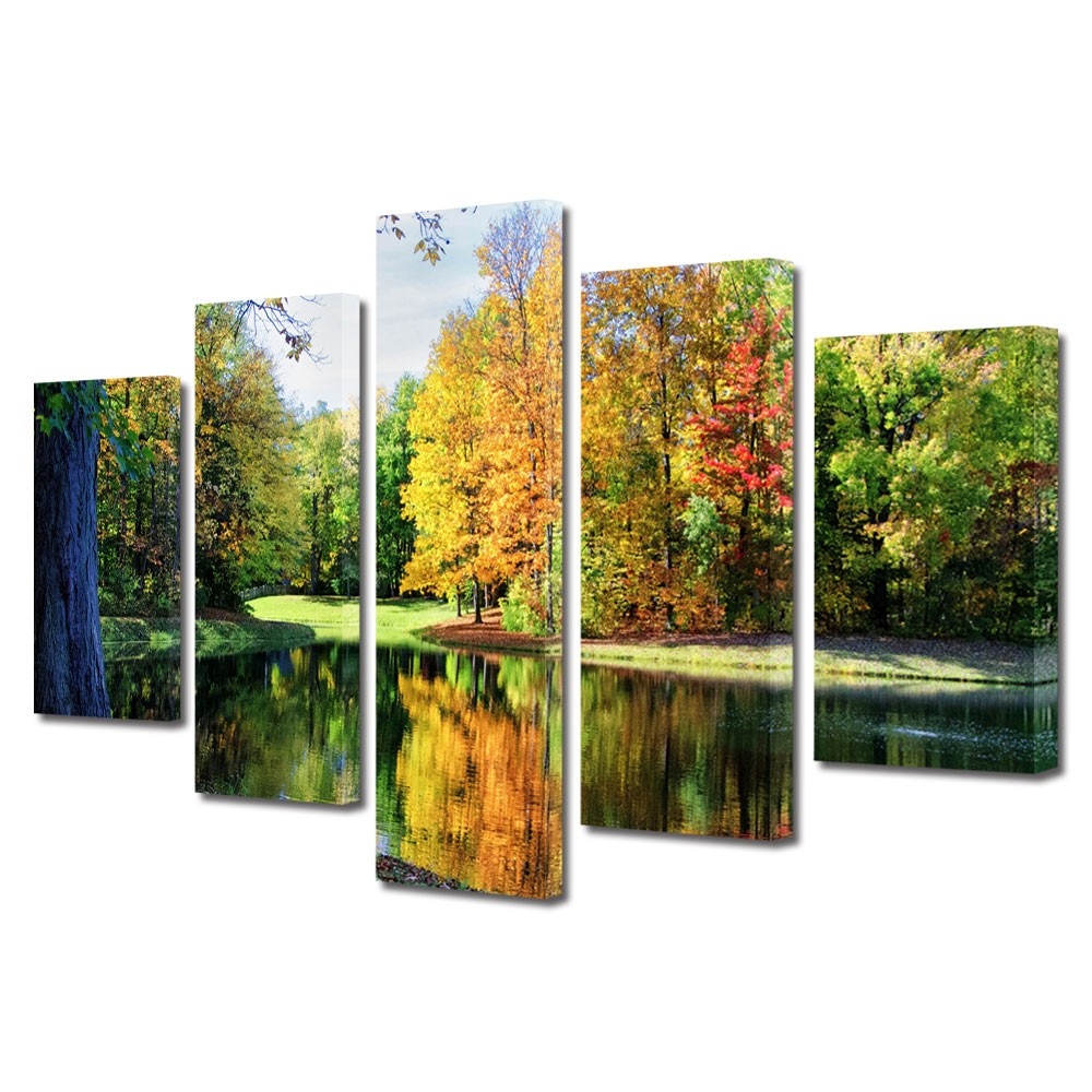 Tablou Multicanvas 5 Piese Peisaje Toamna de pe lac, 100 x 175 cm