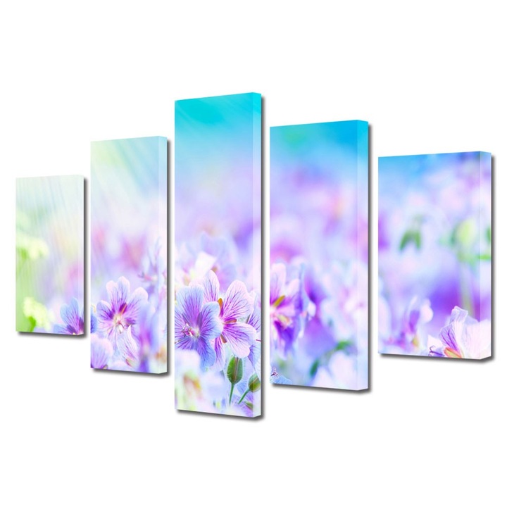 Set Tablouri Multicanvas 5 Piese Peisaje Flori violet, 70 x 125 cm