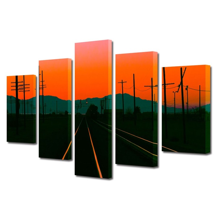 Tablou Multicanvas 5 Piese Peisaje Cale ferata la apus, 120 x 225 cm